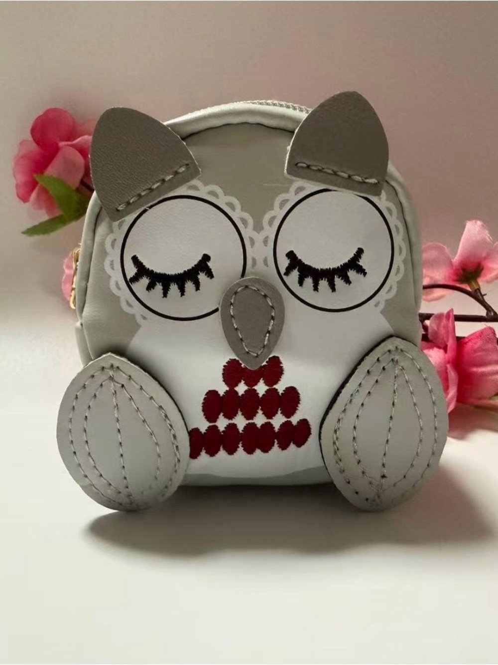 Cute Owl Coin Purse Keychain Bag Charm - Gray & White - Picture 6 of 15